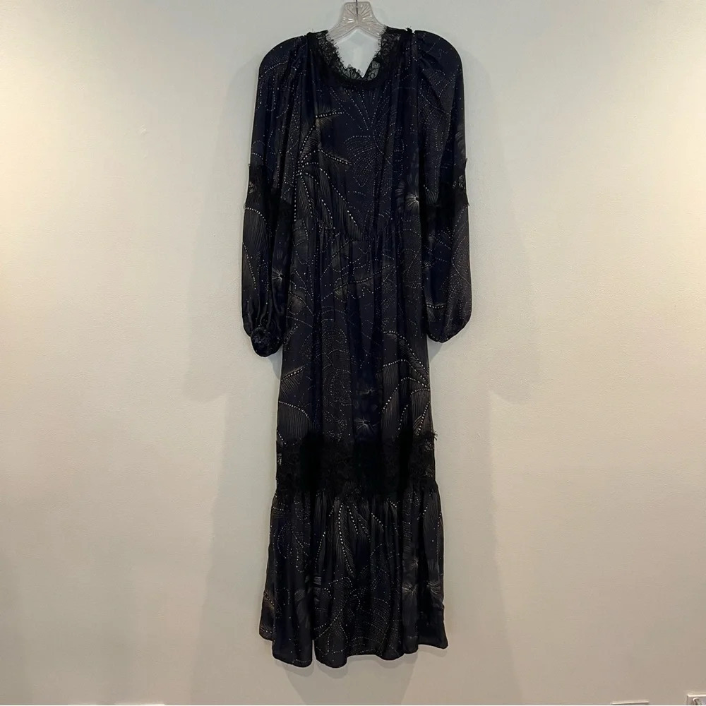 Farm Rio Black Lace Balloon Sleeve V Neck Lightweight Satin Maxi Dress Small - Picture 7 of 9